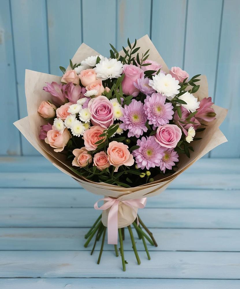 Букет цветов из: Хризантемы, Розы и Альстромерии в Суханово