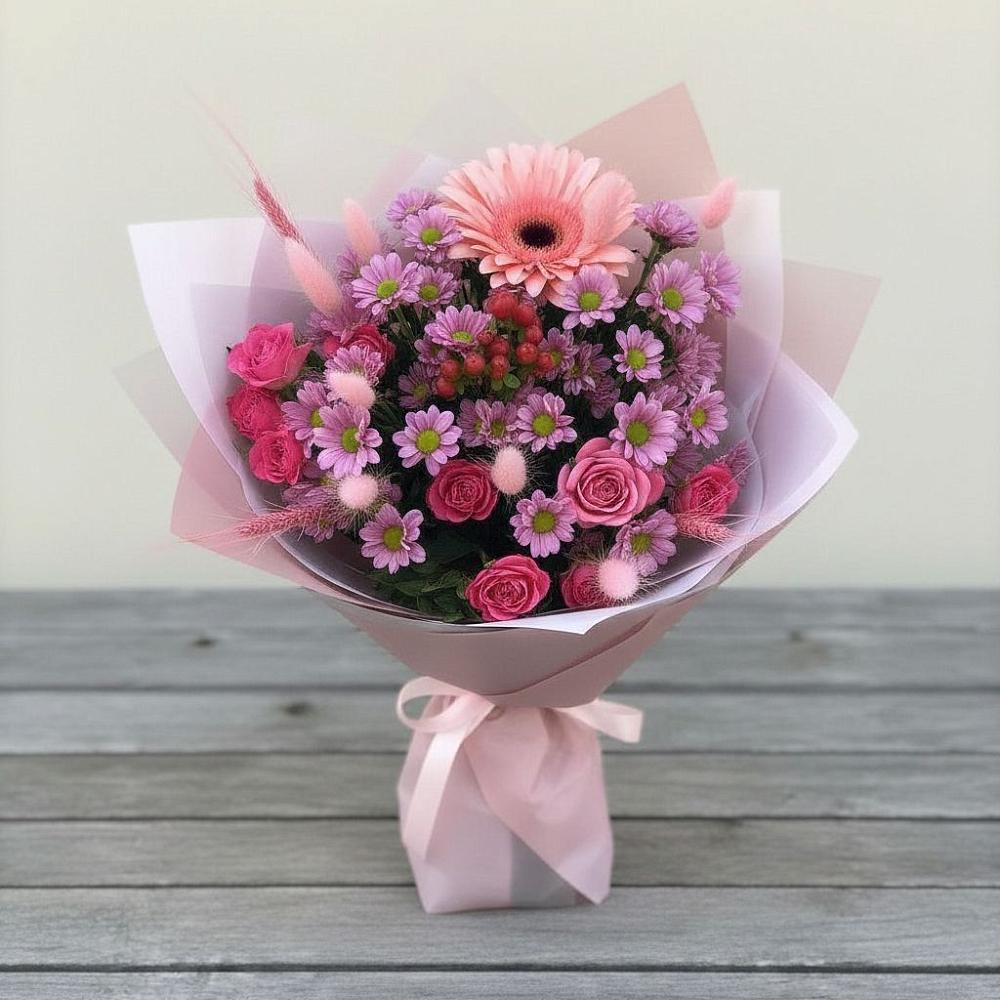 Букет цветов из: Розы, Герберы и Хризантемы в Суханово