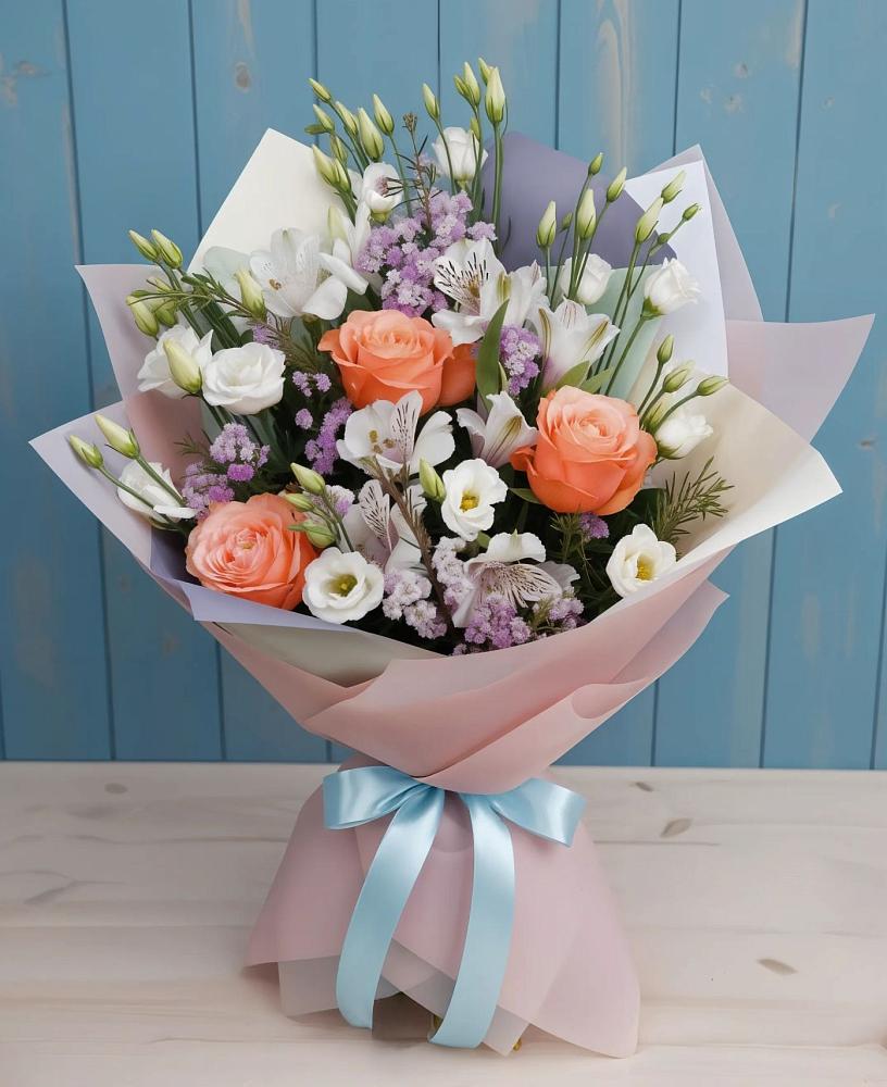 Букет цветов из: Лизиантусы, Розы, Альстромерии и Гипсофила в Суханово