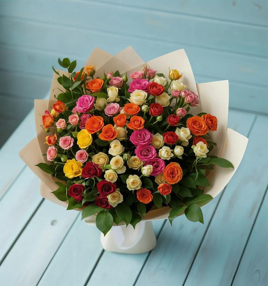 Букет Микс из разноцветных кустовых роз в Суханово