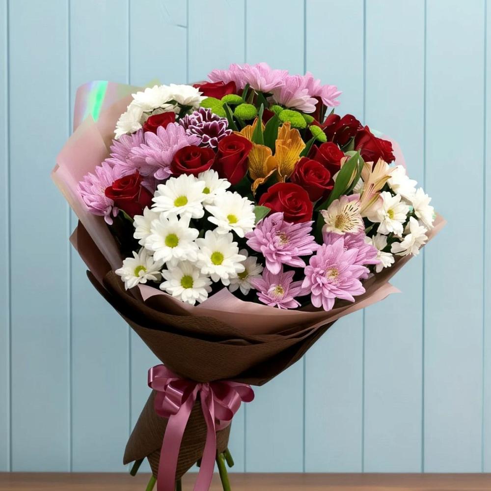 Букет цветов из: Розы, Хризантемы и Альстромерии в Суханово