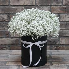 Цветочная композиция из Гипсофила в шляпной коробке в Суханово